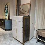 High-Gloss Cream Tall Sideboard Cabinet with Five Rounded Drawers Gold-Tone Stainless Steel Frame and Ribbed Side Panels